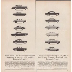 1961 Peugeot Vintage Print Ad World's Best Made Cars 2 Page Comparison Auto Art